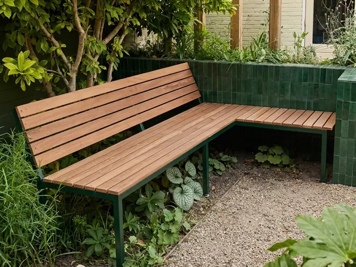 Houten hoekbank op een zelf gelast stalen frame, tegen een muurtje met donkergroene tegels en een border met beplanting