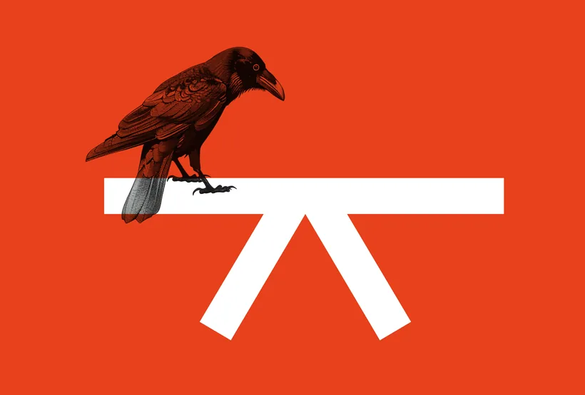 Illustratie van een kraai die op het KARWEYE-monogram zit: de kraaienpoot